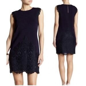 Ted Baker 4 Dress Navy Blue Lucia Lace Trim Shift Stretch Comfortable Black Trim
